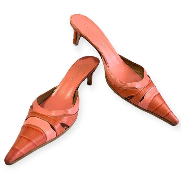 Valentino Embossed Leather Kitten Heels Mule Slides Pink Rose Size 37.5 / US 7.5 - Picture 2 of 15